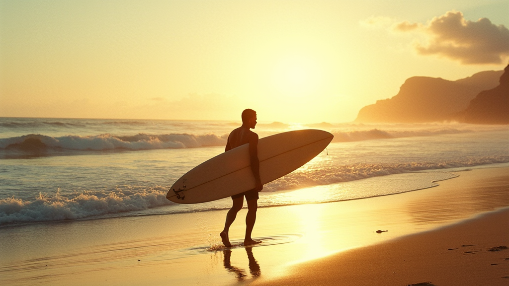 A surfer carrying a board down to the ocean at sunrise